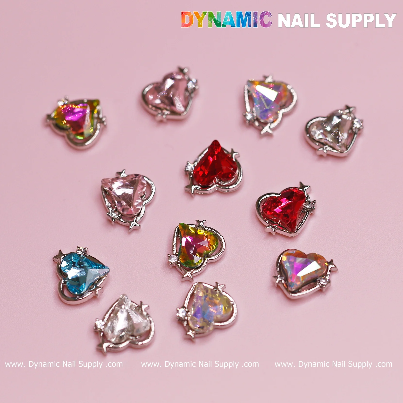 12 pcs Heart Charm (Multi-Colors - Silver Edge) for Valentine Nails Design (Heart Rhinestones center)