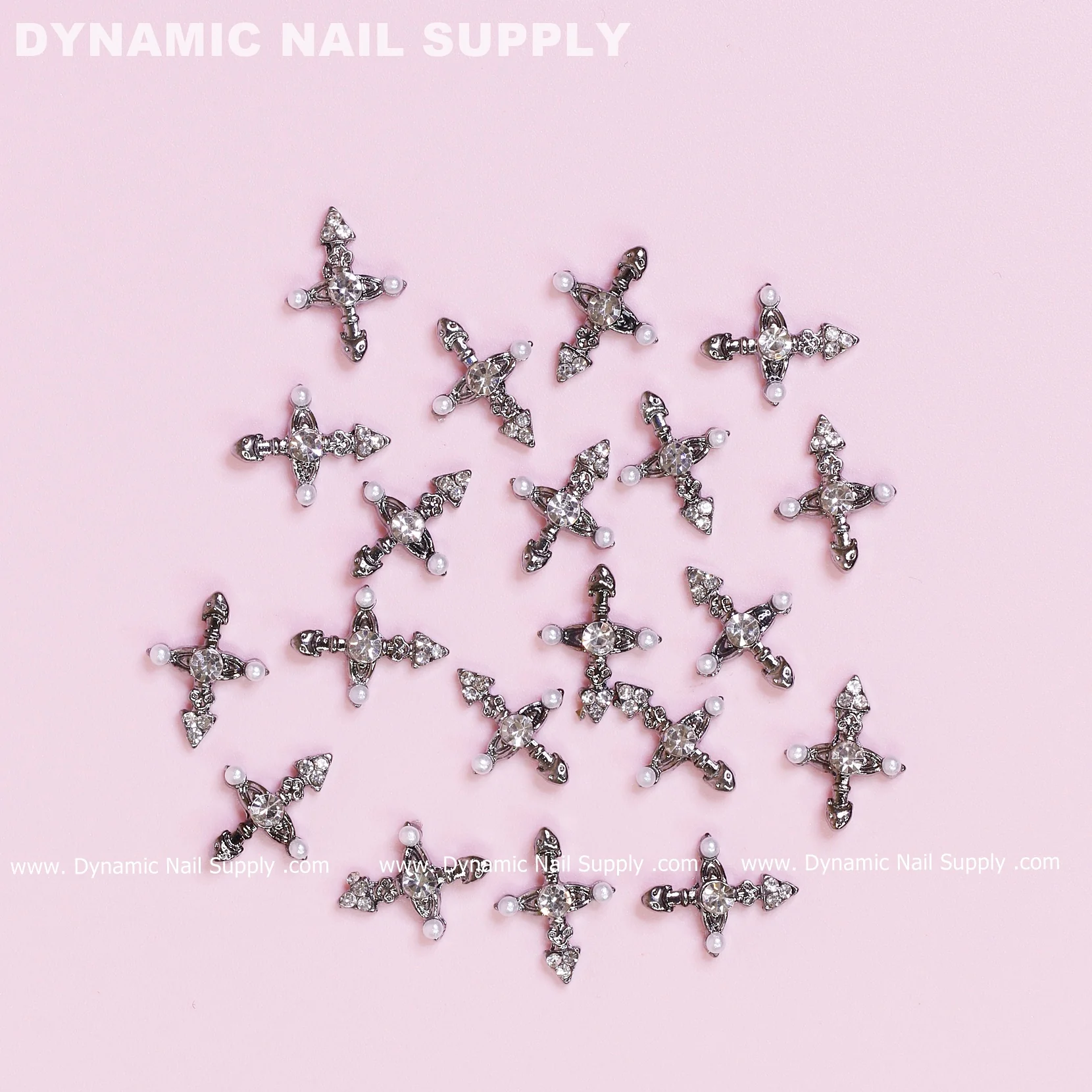 20 pcs Silver Crosses Charms (with Pearls) for Nails Art Design (Antique Chrome Heart Charm)