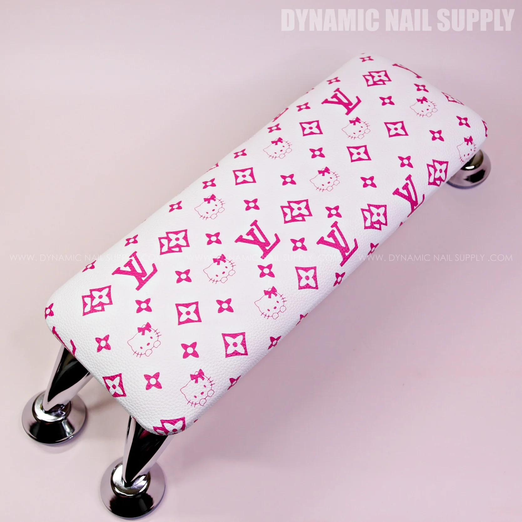 (HLA028 - Cute Pink LV/Kitty Pattern - Leather White Base) Handrest for Nail Table Pedicure Services (Reposabrazos Para Manicura)