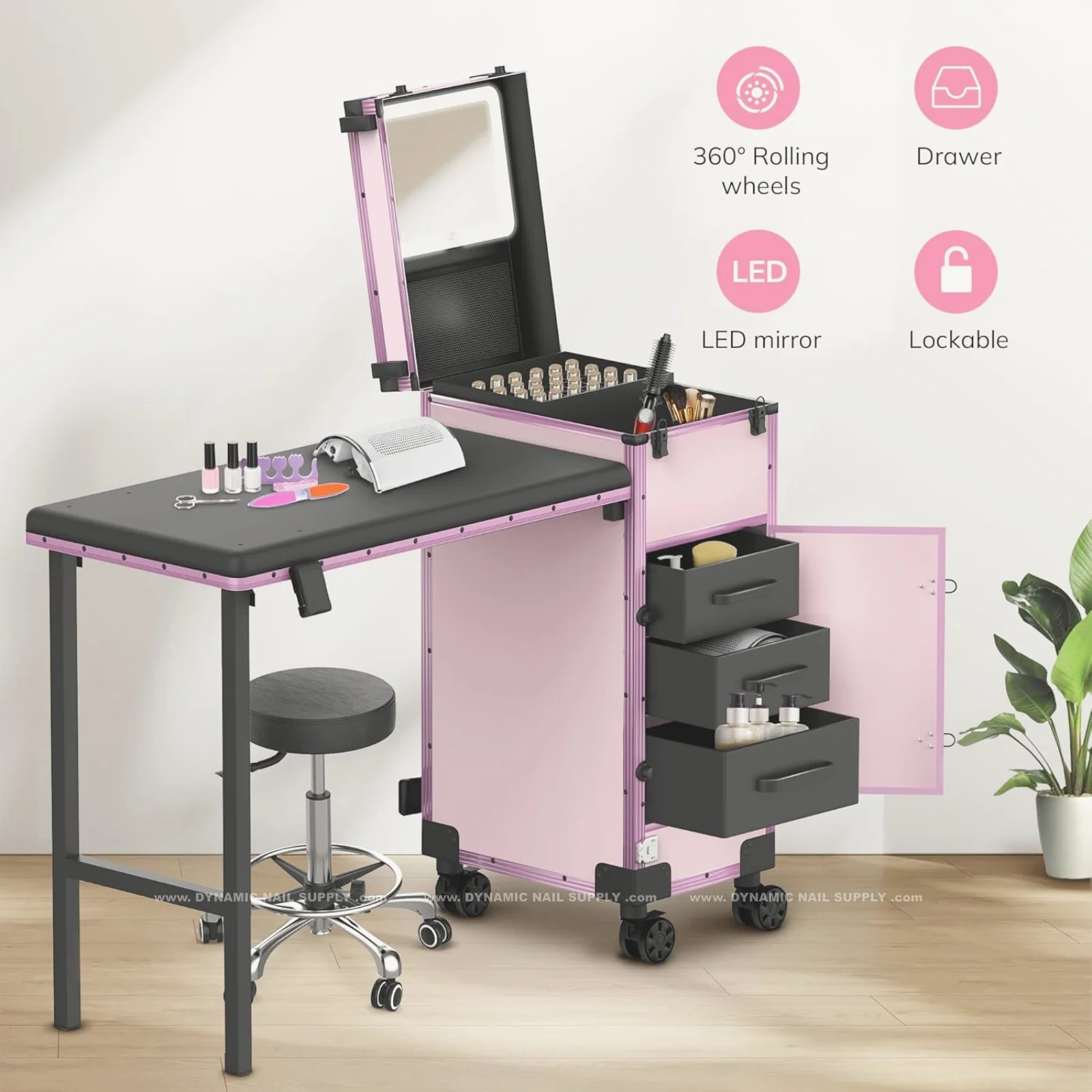 Rolling Portable Manicure Table – Foldable Nail Desk for Travel Makeup, Cosmetic Trolley, 3 Drawers, Mirror & Built-in Speaker - Image 4