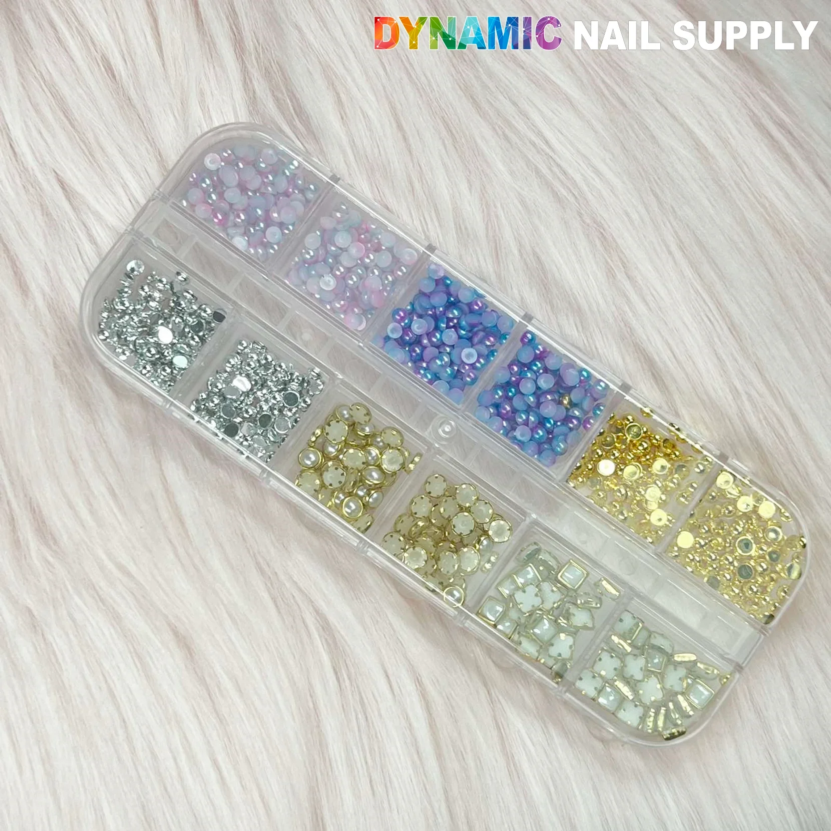 White Pearl and gold silver ball beads set in 12-grid case