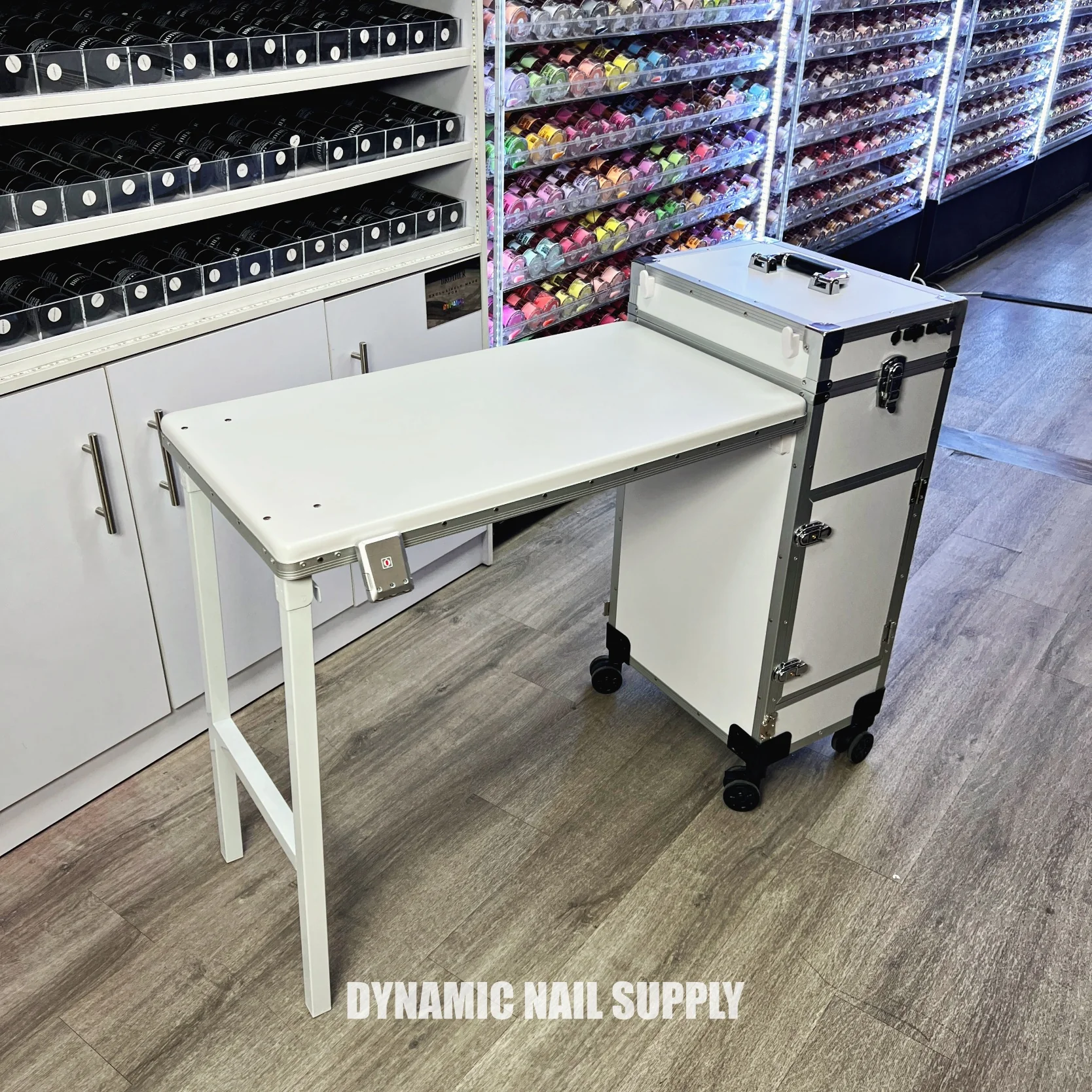 (White) Portable & Foldable Rolling Manicure Nail Table - Travel Makeup Desk & Train Case - Image 2