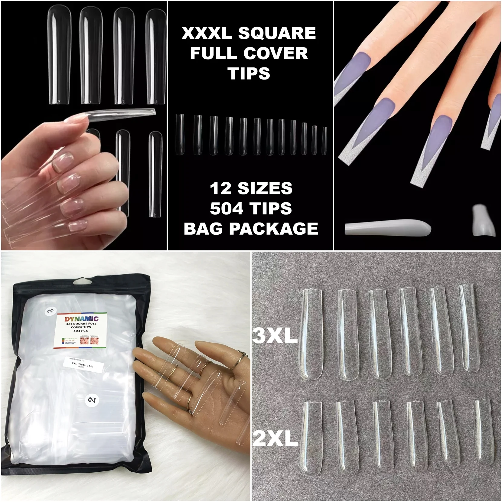 XXXL Square Full-cover Tips - 3XL Soft gel press on square tip (504 pcs bag - 12 sizes)